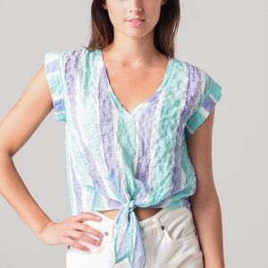 Bella Dahl Tie Front V- Tee Green/Blue Medium